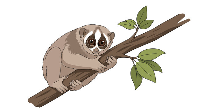 Slow loris animal with large round eyes clinging tightly to a brown tree branch with several green leaves.