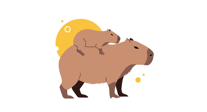 Gentle capybara mother with a small baby sitting on its back is depicted against a sunny yellow background in a minimalist flat art style.