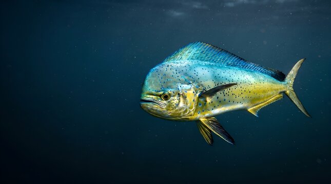 Vibrant Mahi Mahi swimming in deep blue ocean water.