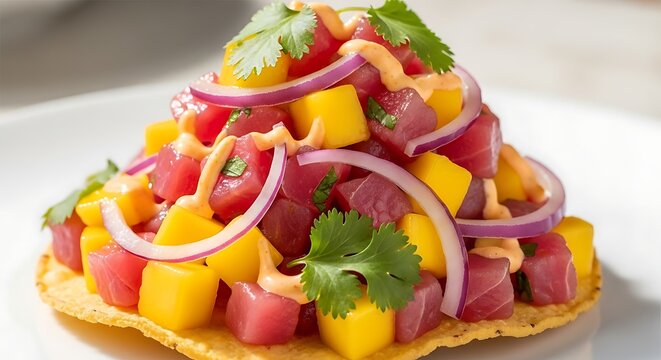 Gourmet tuna tostada with mango, red onion, cilantro, and spicy mayo drizzle.