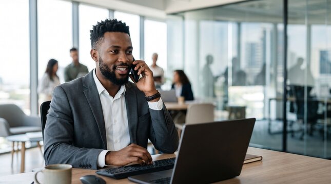 Smiling African American businessman talking on mobile phone while working on laptop in modern open space corporate office, young male manager calling client, business communication concept