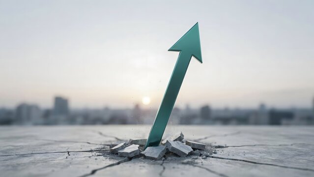 Glossy green arrow piercing upward through cracked concrete &ndash; Ideal for ecological repair, financial rebound, or growth.