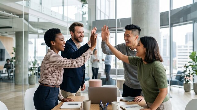 Successful multiethnic corporate team giving high five in bright modern office, happy diverse business colleagues celebrating achievement, teamwork collaboration concept