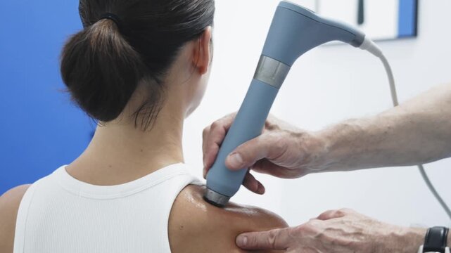 Female patient receiving shock wave therapy on shoulder by male therapist in clinical setting with blue walls and medical equipment visible in the background