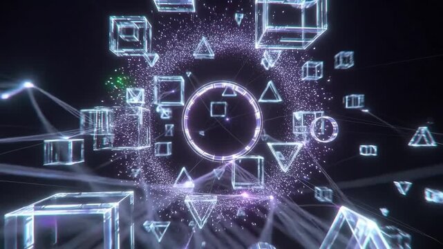 Glowing geometric shapes linked by light strands in neon style on dark background, concept of digital connectivity