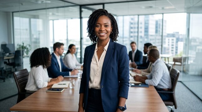 Portrait of smiling black female executive standing in boardroom with diverse business team in background. African american businesswoman, corporate leadership concept.