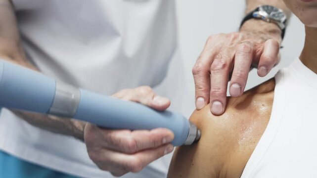 Medical professional applying shock wave therapy device to shoulder of patient, focusing on treatment area with visible skin and hand placement in clinical setting