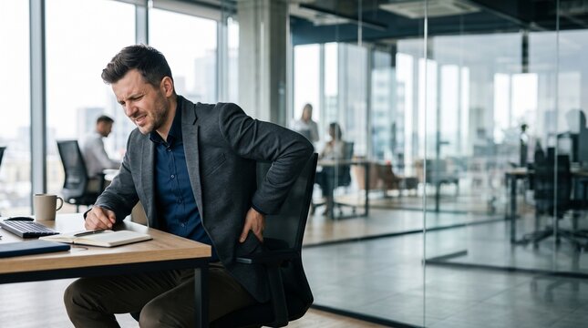 Businessman suffering from severe back pain while working on laptop in modern office, corporate employee experiencing lower lumbar spine injury, sedentary lifestyle health problems