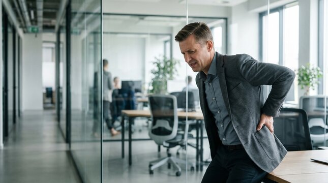 Mature businessman suffering from acute back pain while standing in modern office health problems at work ergonomics sedentary lifestyle spinal injury spinal cord ache concept