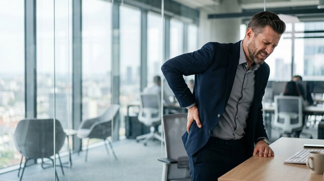 Stressed businessman standing up from office desk suffering from intense lower back pain. Male corporate worker touching his back in pain due to long sitting hours.