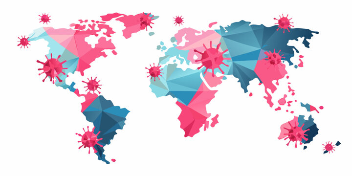 Low poly world map with virus shapes vector illustration on white background