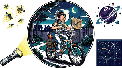 Vintage space boy riding bicycle at night vector set with flashlight fireflies ringed planet and constellation map design elementsVintage space boy riding bicycle at night  © MdAmzad
