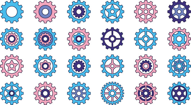 Gear wheel icon collection featuring mechanical cogs engineering settings and industrial technology symbols set