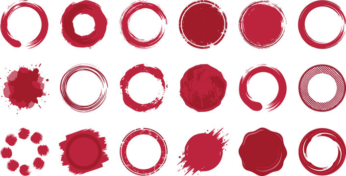 Grunge red stamp frames and ink circle collection featuring distressed seals badges and brush textures