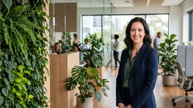 Portrait of attractive smiling female manager standing in modern corporate eco office green vertical plant wall background business professional concept.