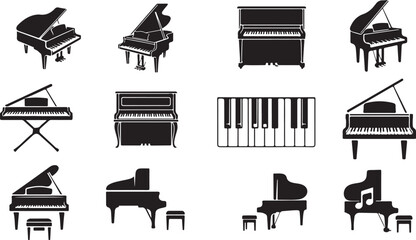 Piano, grand piano, keyboard icons, music instruments, black silhouette © fksamia