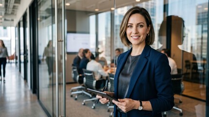 Fototapeta premium Confident female leader holding digital tablet in modern corporate office glass meeting room background. Professional businesswoman, smiling executive manager, career success.