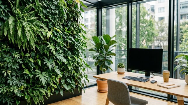 Modern eco friendly office workspace with green vertical plant wall desk computer monitor indoor plants glass window sustainability corporate business environment concept.