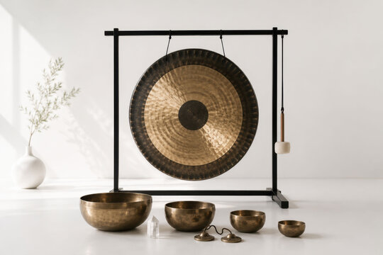 Minimal sound healing setup with gong and singing bowls in bright white wellness studio, mindfulness meditation concept, holistic therapy instruments, zen interior design, copy space