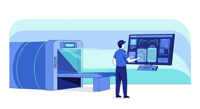 Airport Security, Luggage Scanner, Inspector Monitoring Screen, Transportation Safety