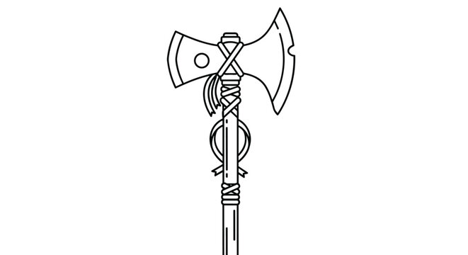 Detailed black and white line art of a majestic double headed battle axe with a decorative wrapped handle for combat.