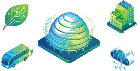 Green city smart grid technology isometric vector set with futuristic dome architecture electric bus and eco cloud elementsGreen city smart grid technology © MdAmzad