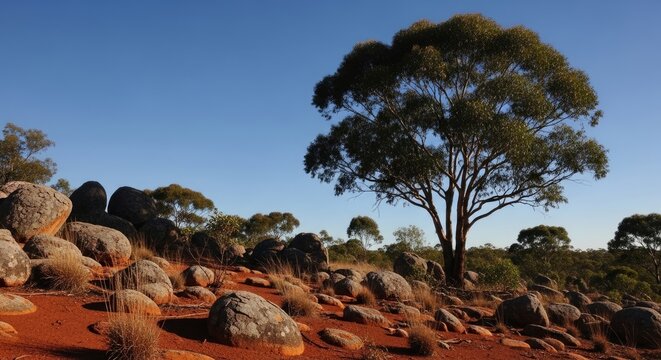 Large tree on rocky hill with boulders and red soil under clear blue sky