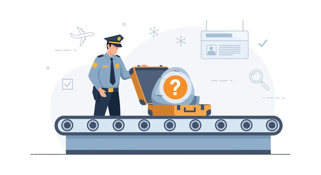 Airport Security Screening: Guard Checks Luggage with Questionable Item