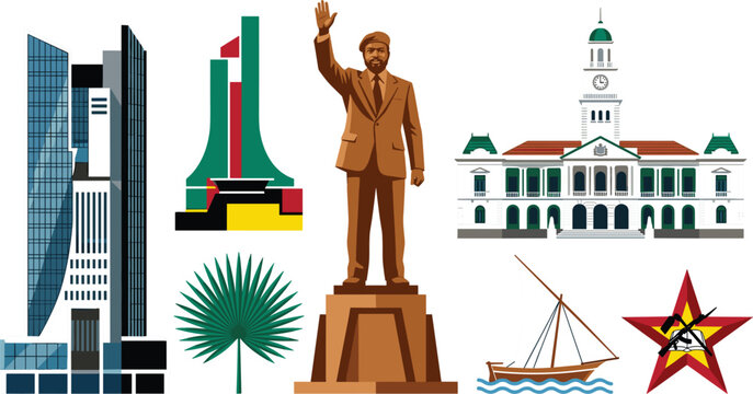Mozambique culture and landmark vector set with Samora Machel statue Maputo City Hall skyscrapers and dhow boat elementsMozambique culture and landmark vector set 