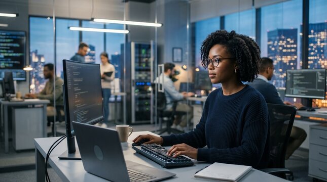 Focused African American female IT data analyst software engineer programmer working on desktop computer screens coding in corporate tech company office during evening overtime hours.