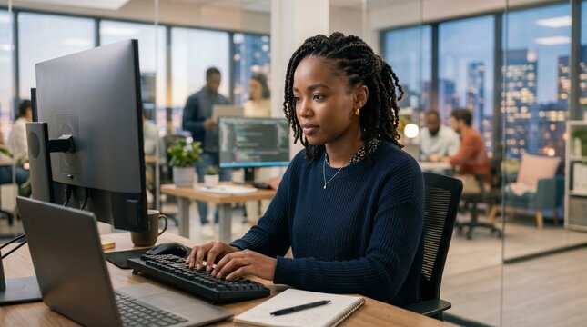 Focused young Black female software developer coding on computer dual monitors in modern tech office at evening, professional woman engineer analyzing programming code data lines