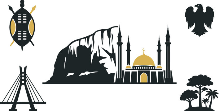Nigeria culture and landmark vector set with Zuma Rock Abuja National Mosque Lekki suspension bridge and traditional shield elementsNigeria culture and landmark vector set 