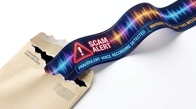 Catfish scam alert concept with torn envelope revealing fraudulent voice recording warning about scam detection and mistrust in message