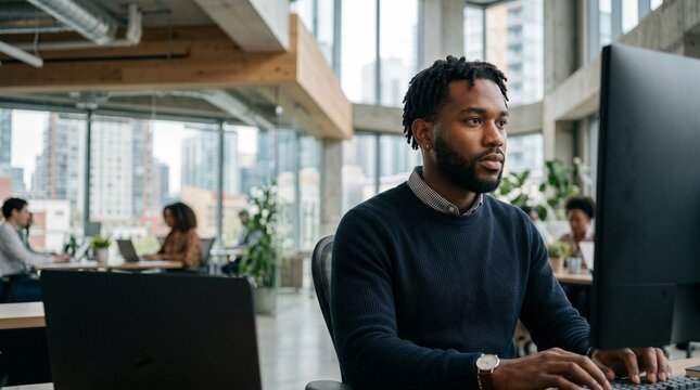 Focused young Black male software engineer analyzing computer code on desktop monitor screen while working at modern digital technology agency corporate open space office studio.