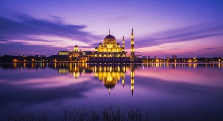 Obraz premium Putra mosque illuminated at dusk with reflection in lake