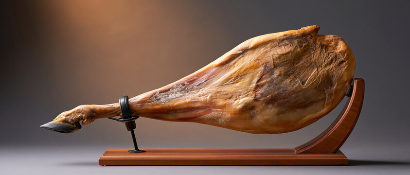 Artisan cured ham leg mounted on a traditional wooden carving stand, studiolit against a warm neutral backdrop. Perfect for gourmet food, Spanish cuisine, and charcuterie concepts.