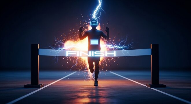 Futuristic runner crossing the finish line with digital energy and lightning sparks