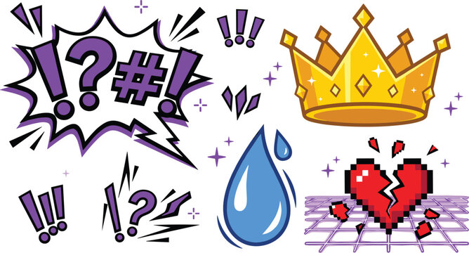 Cyberpunk game UI sticker vector set with golden crown pixel broken heart water drop and purple explosion curse bubblesCyberpunk game UI sticker vector set with golden 