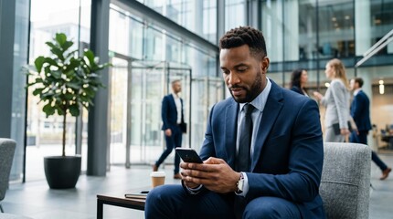 Fototapeta premium Successful African American executive text messaging on smartphone in modern glass office building lobby, confident black businessman using mobile phone app during break, corporate lifestyle