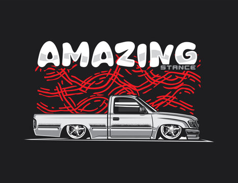 Lowered Stance 90s Car Vector Design with Abstract background and Bubble Text Illustration