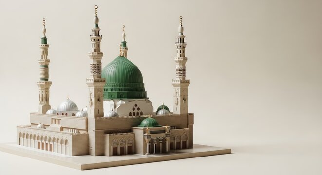 Model of a mosque with green dome and minarets on beige background