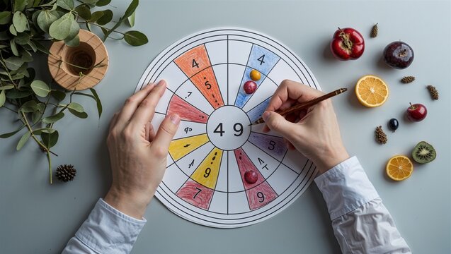 Hands painting colorful numbered wheel chart on educational activity sheet
