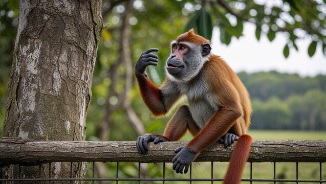 Proboscis monkey sitting on tree branch holding smartphone for selfie photo
