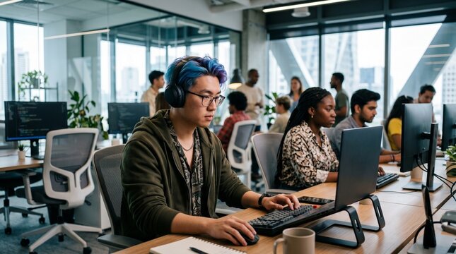 Young Asian IT professional developer with dyed blue hair in headphones programming on computer in modern tech startup co-working office, creative software engineer coder working on project