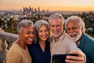 Obraz premium Diverse group of smiling senior friends taking selfie at sunset