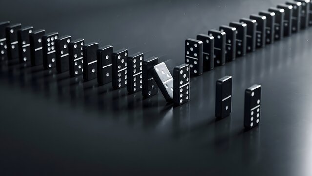 Black domino chain halted mid collapse on a dark surface &ndash; Perfect for risk management, business resilience, or financial protection.