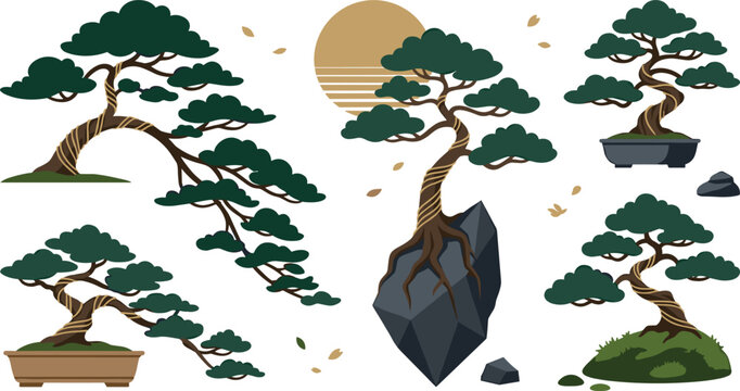 Japanese bonsai tree vector set with traditional pine foliage miniature potted plants sun and oriental zen garden elementsJapanese bonsai tree vector set with traditional 