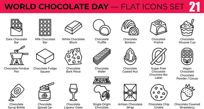 A collection of flat line icons representing various chocolate products and treats for World Chocolate Day.