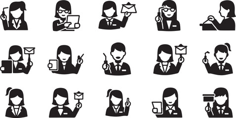 Obraz premium Businesswoman Icons, Office Worker Symbols, Professional Avatar Set, Black and White Vector Graphics