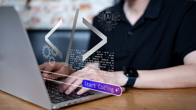 Person using AI artificial intelligence in vibe coding software development programming creativity information system engineer assistant tool, digital transformation workflow technology concept